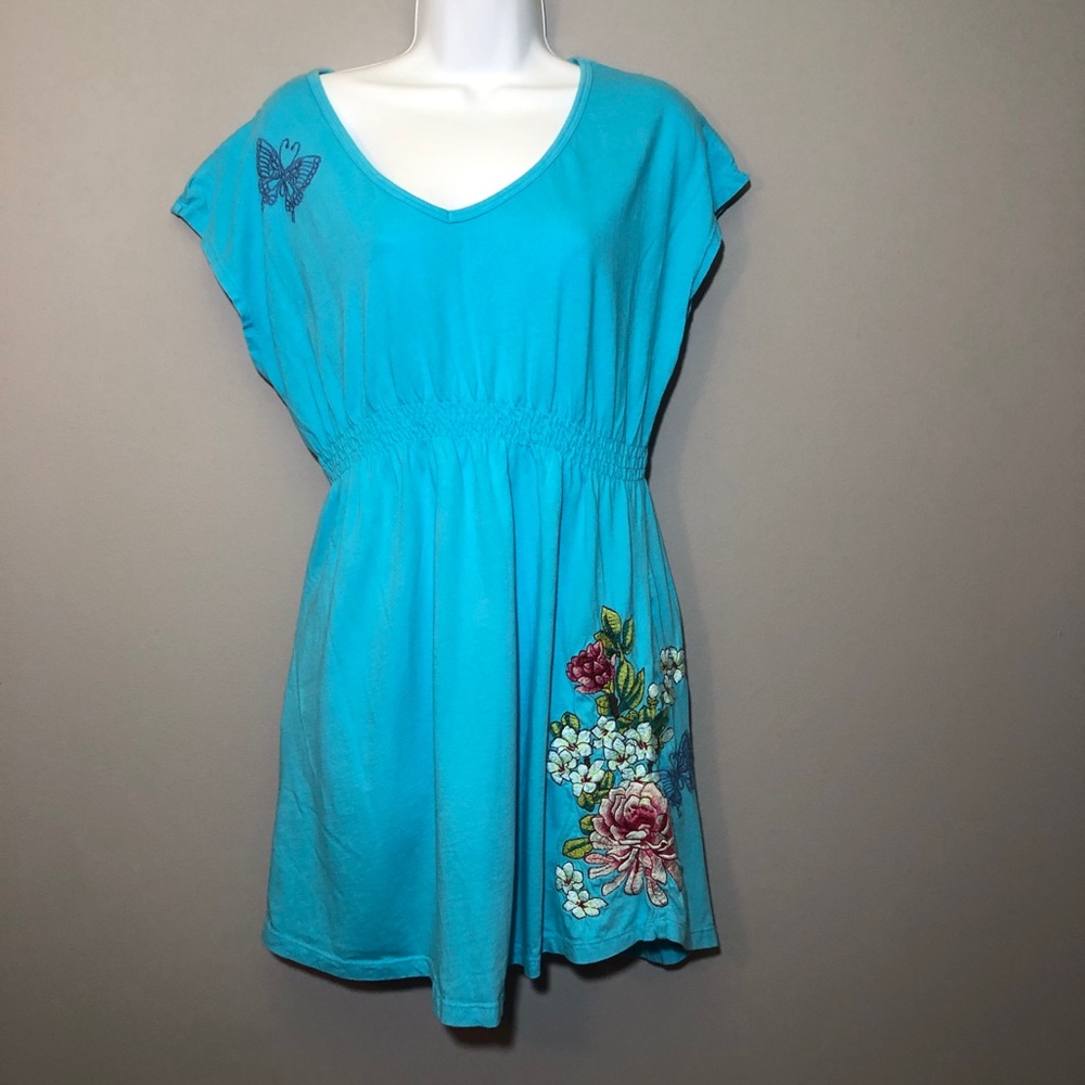Johnny Was JW Embroidered Short Dress Pullover Boho Blue Medium *Flaw READ